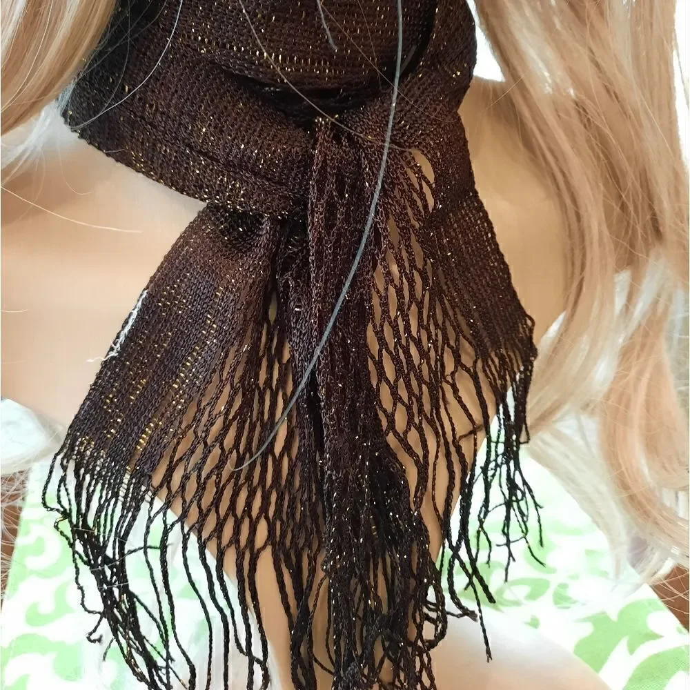Brown/ Gold Metallic Fringed Netted Scarf/Tie Belt